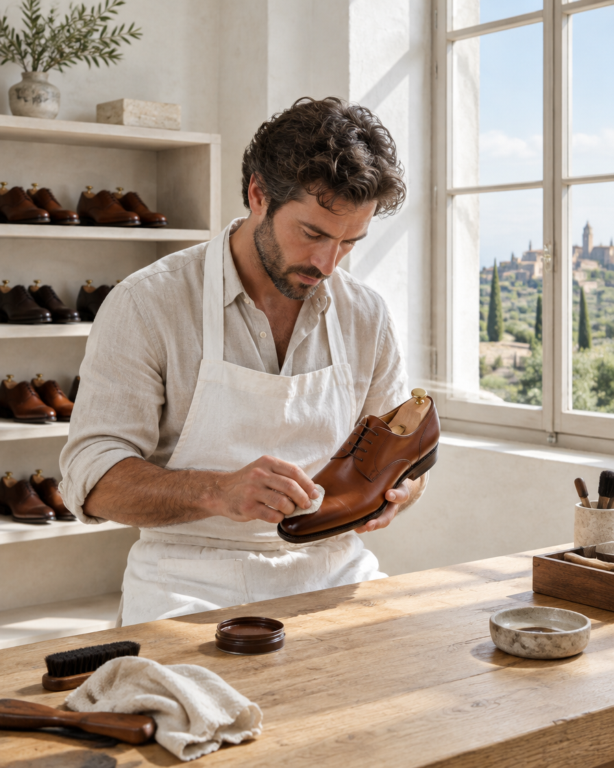 Artisan finishing an Amari shoe in an Italian atelier