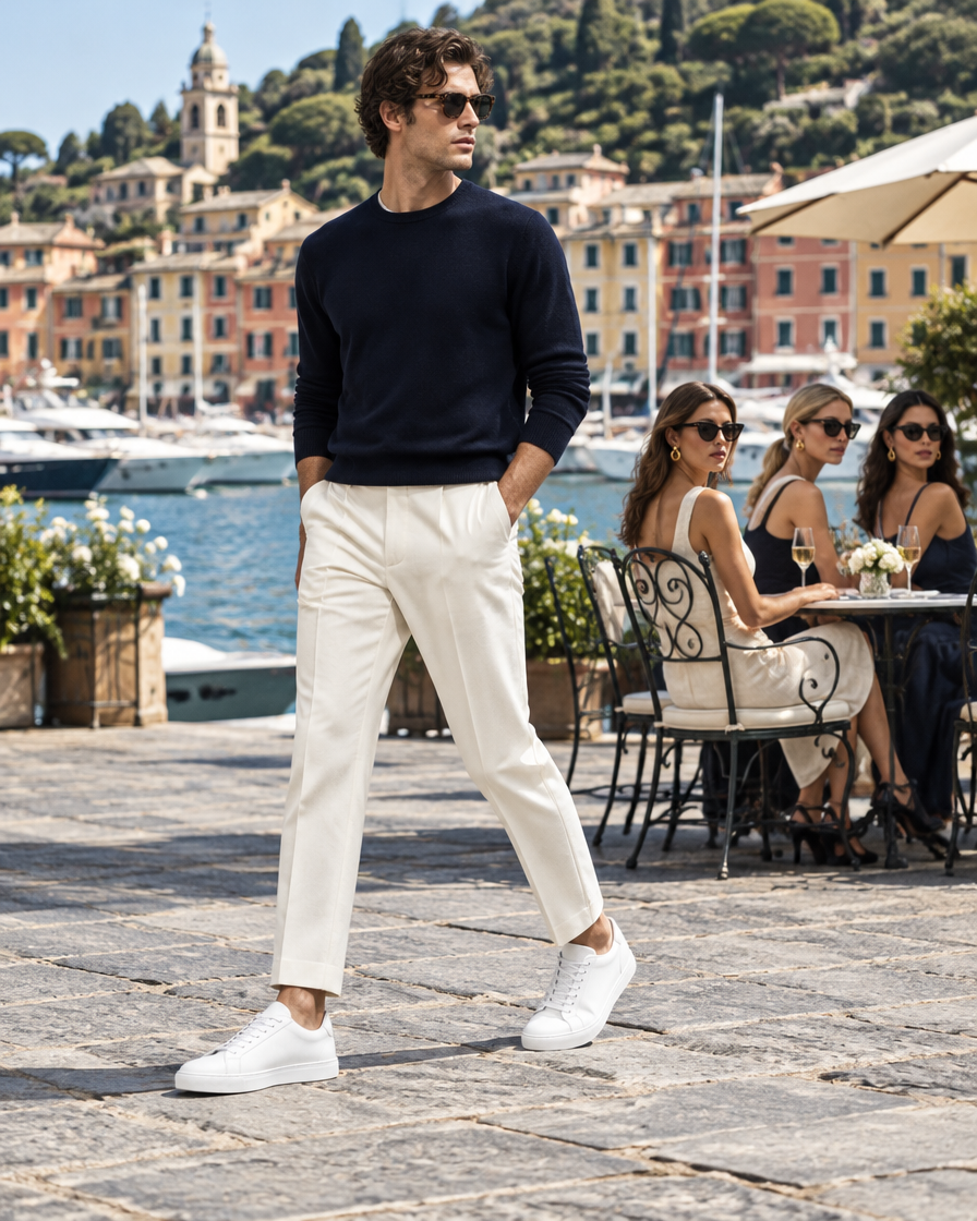 Man walking in Portofino wearing Amari Volterra white sneakers