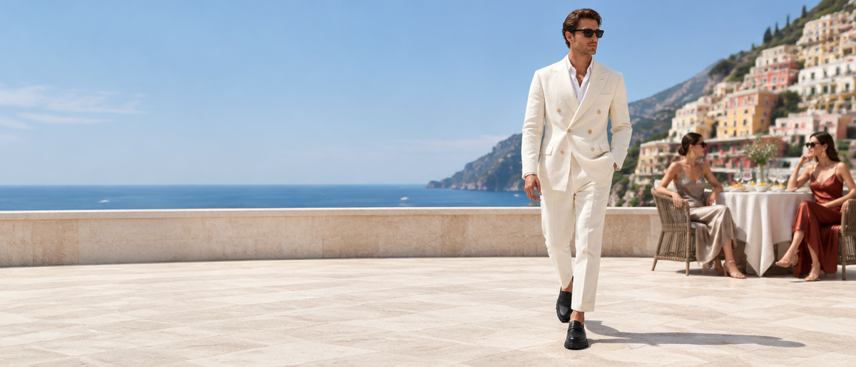 Man walking on an Amalfi Coast terrace in Amari Pienza loafers